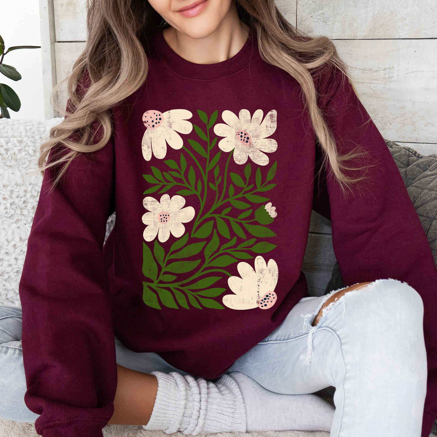 White Wildflower Botanical, Vintage Boho, Nature Sweatshirt
