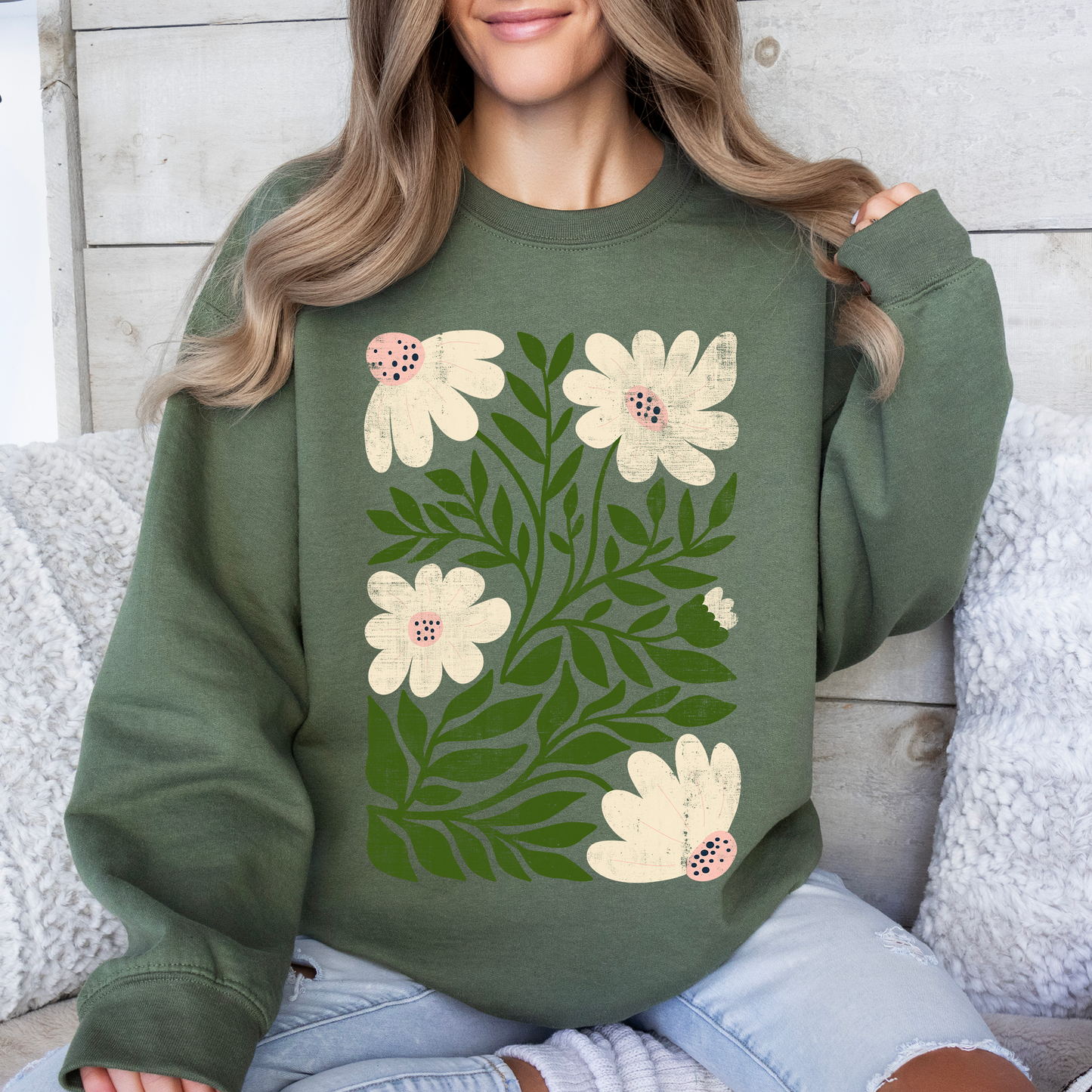 White Wildflower Botanical, Vintage Boho, Nature Sweatshirt