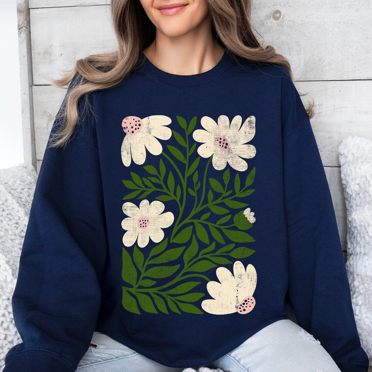 White Wildflower Botanical, Vintage Boho, Nature Sweatshirt