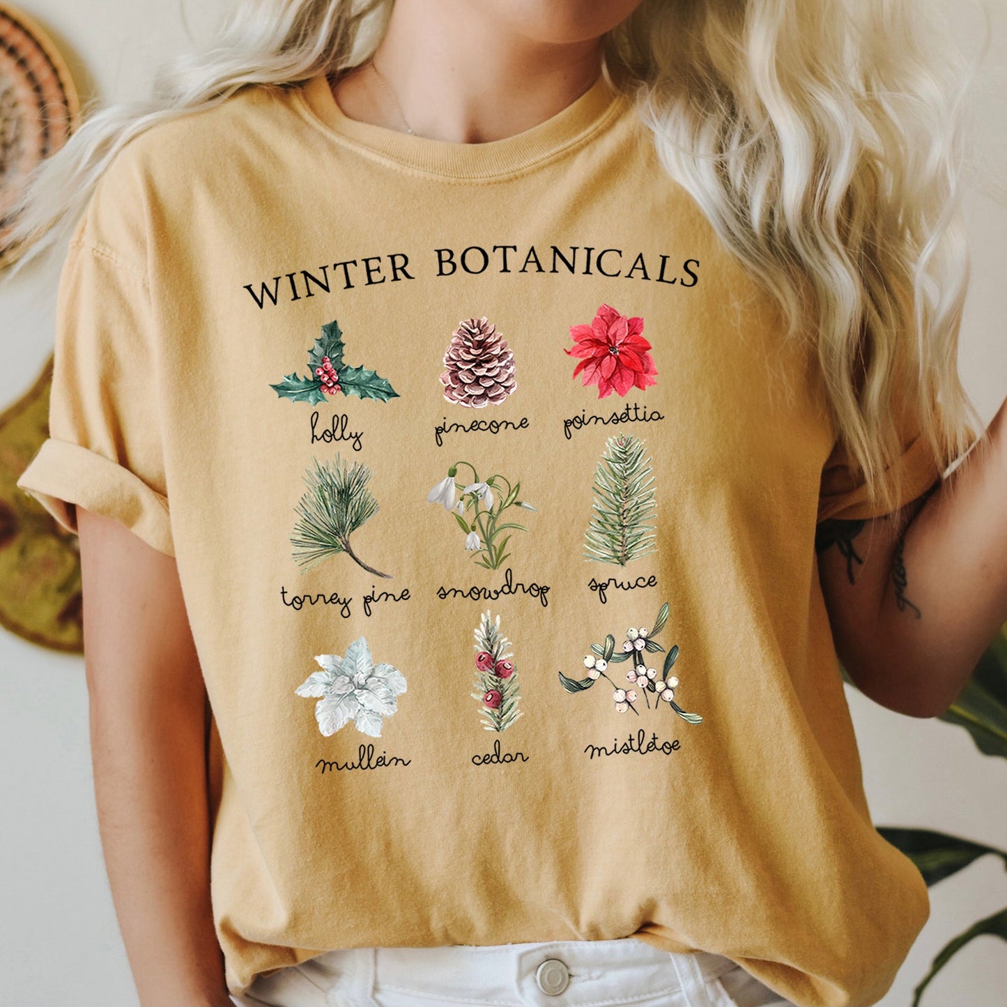 Winter Botanicals, Holly, Poinsettia, Pine Tree, Comfort Colors Tshirt
