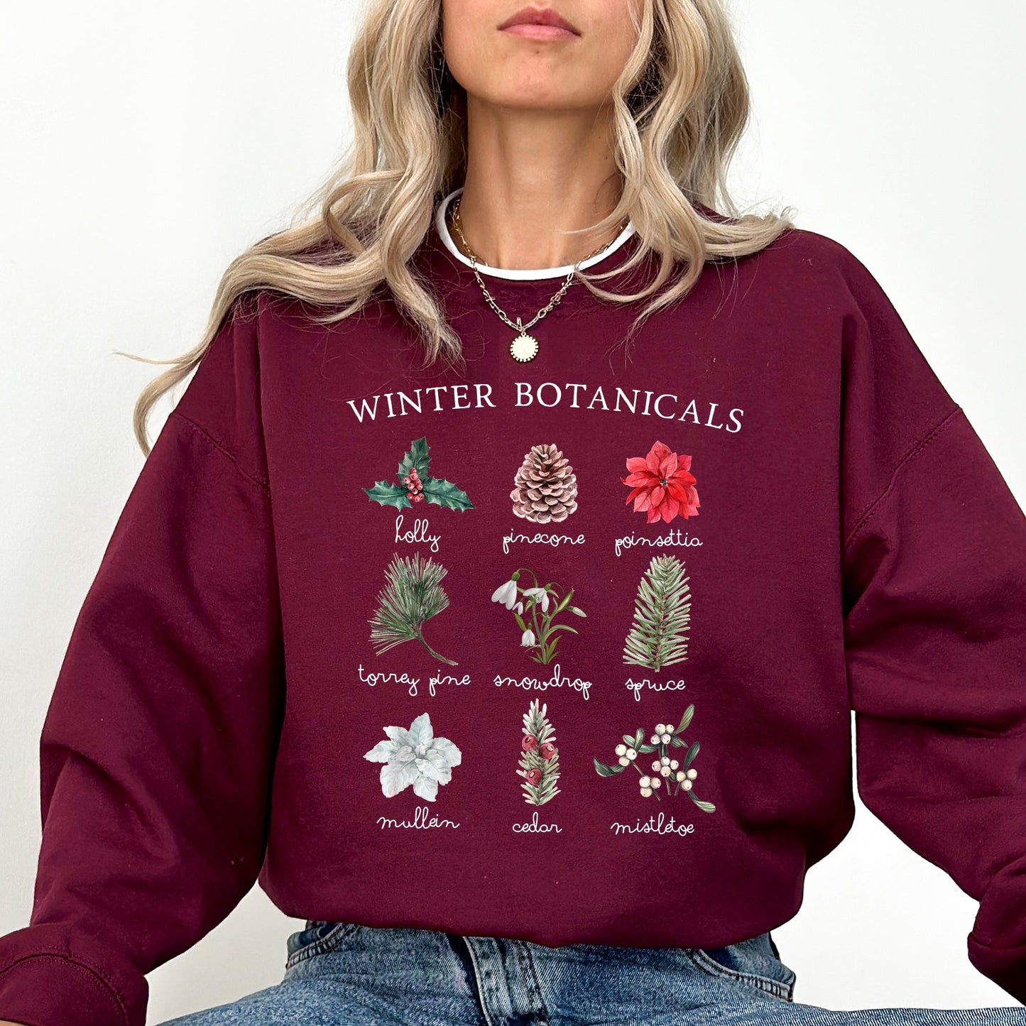 Winter Botanicals, Holly, Poinsettia, Pine Tree, Winter, Snow, Xmas Sweatshirt