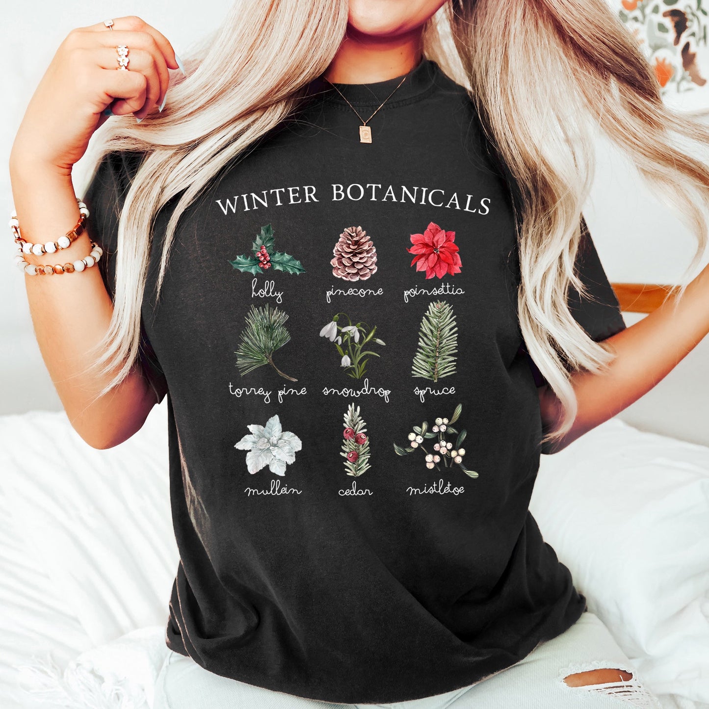 Winter Botanicals, Holly, Poinsettia, Pine Tree, Comfort Colors Tshirt