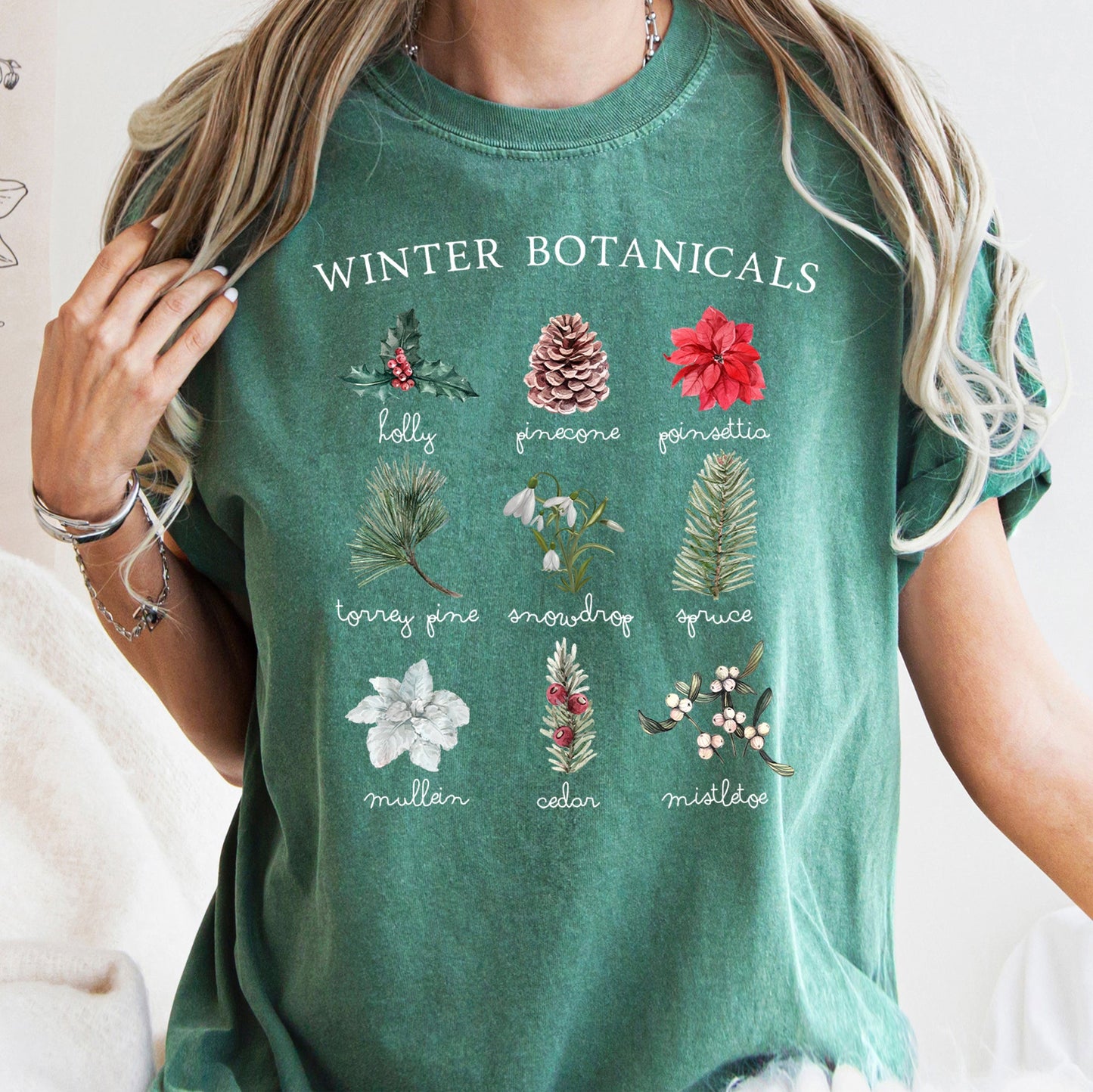 Winter Botanicals, Holly, Poinsettia, Pine Tree, Comfort Colors Tshirt