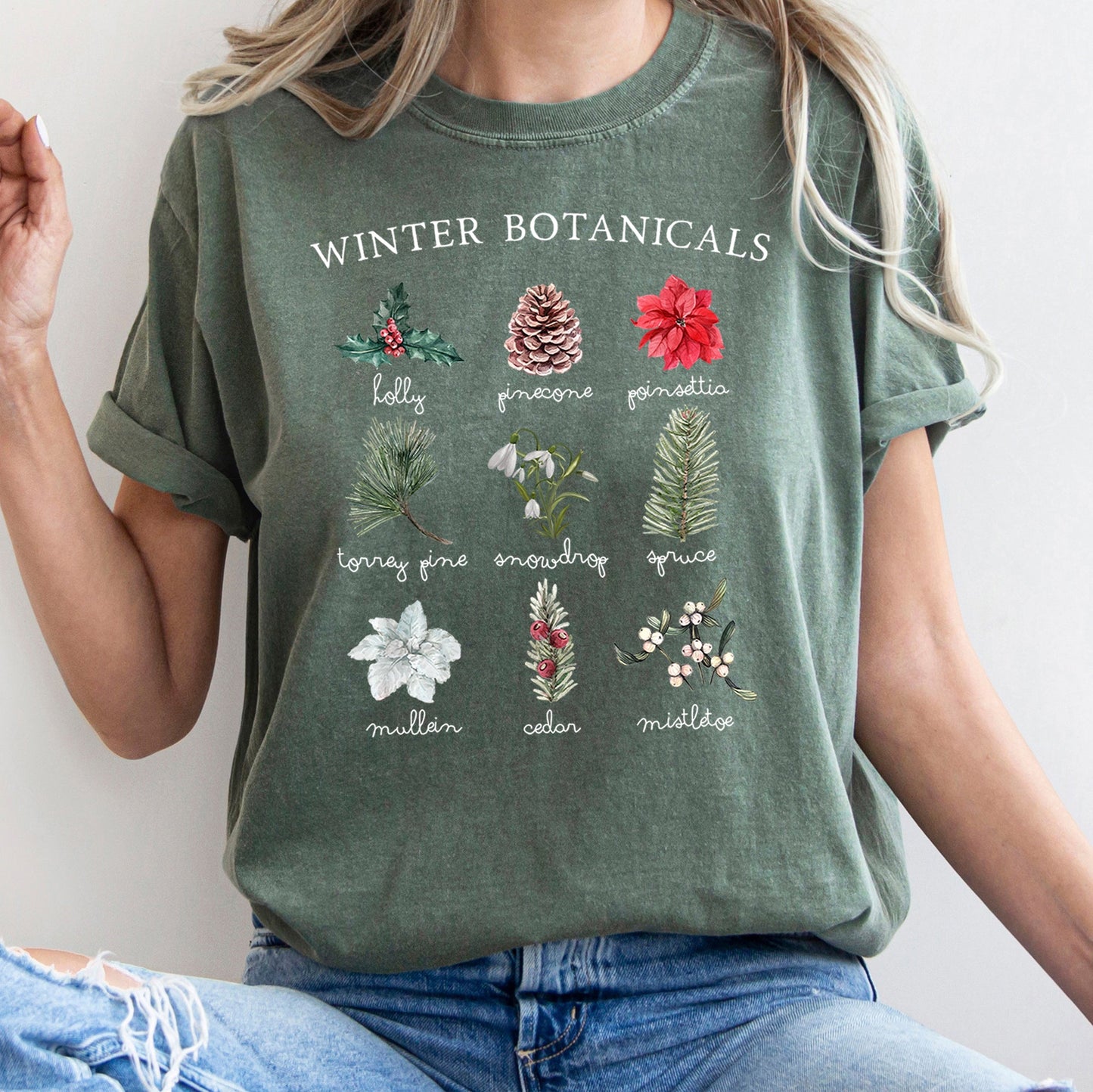 Winter Botanicals, Holly, Poinsettia, Pine Tree, Comfort Colors Tshirt