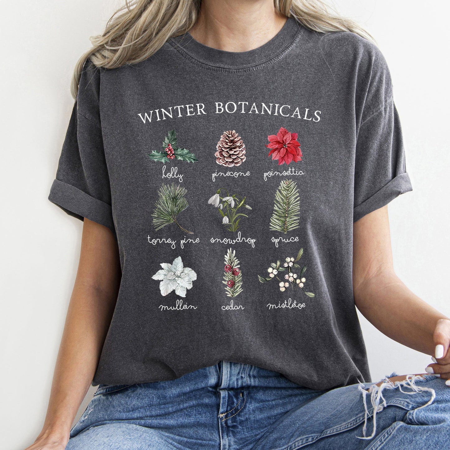 Winter Botanicals, Holly, Poinsettia, Pine Tree, Comfort Colors Tshirt