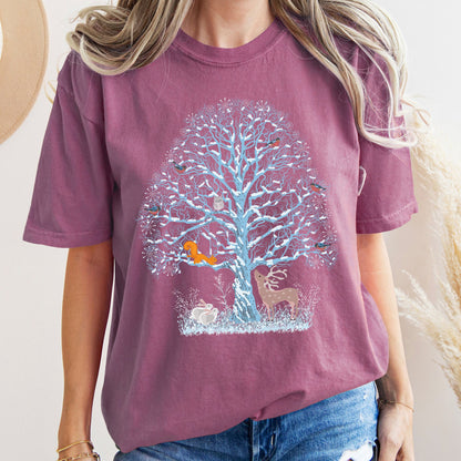 Winter Tree Filled With Animals, Christmas, Deer, Owl, Comfort Colors Tshirt