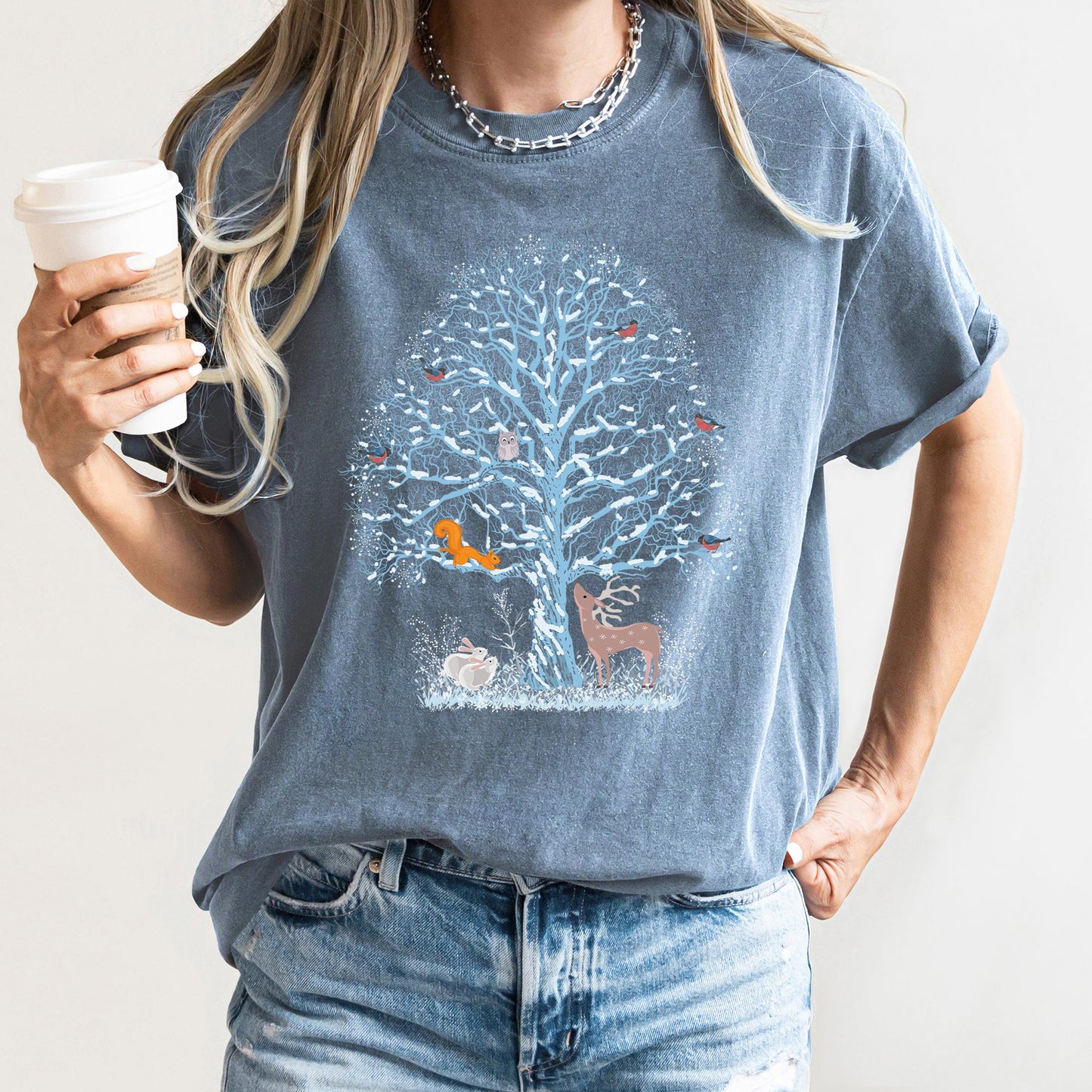 Winter Tree Filled With Animals, Christmas, Deer, Owl, Comfort Colors Tshirt
