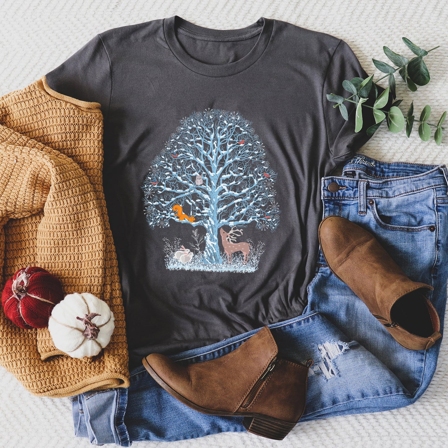 Winter Tree Filled With Animals, Christmas, Deer, Owl Super Soft Tshirt