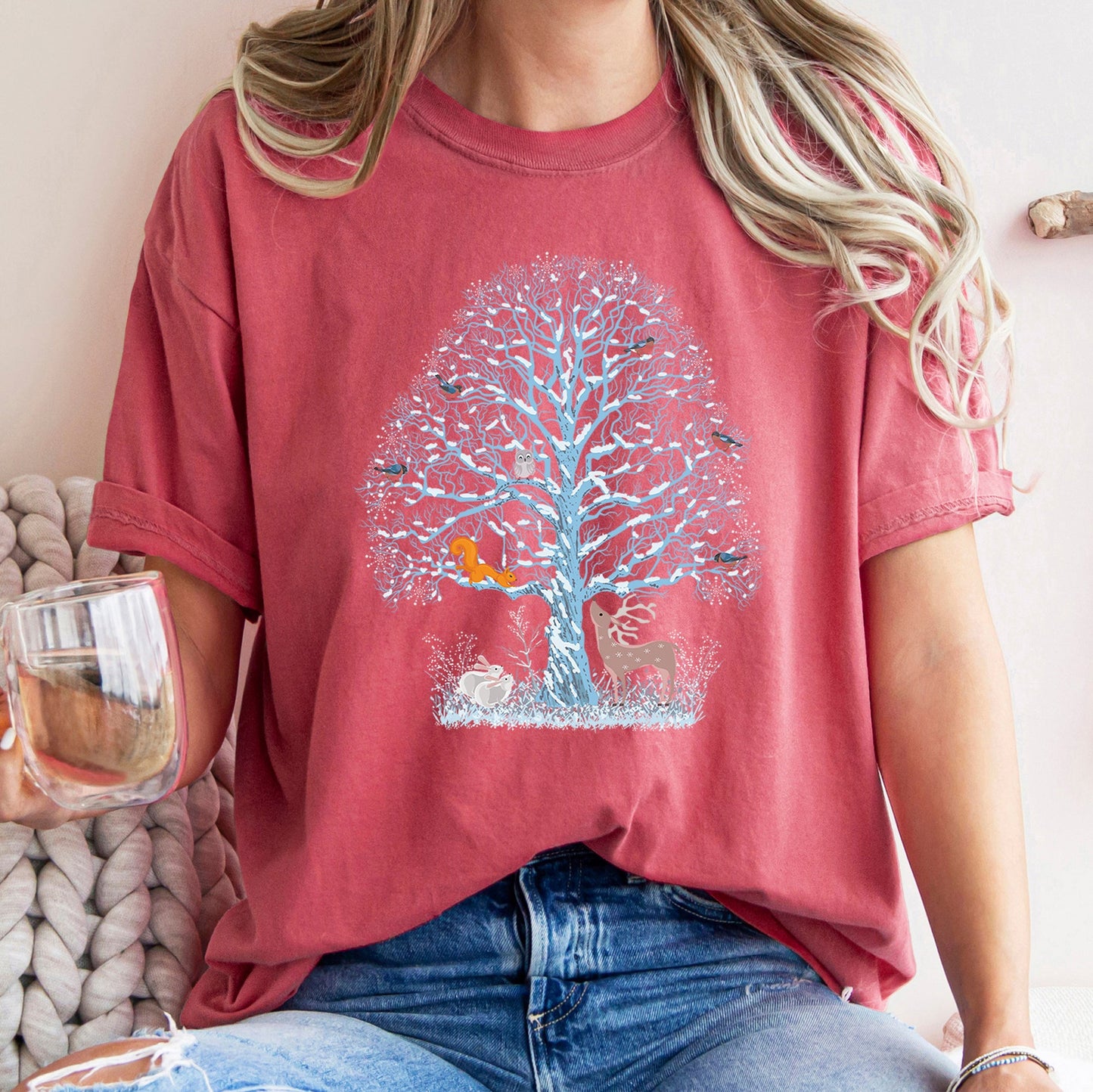 Winter Tree Filled With Animals, Christmas, Deer, Owl, Comfort Colors Tshirt
