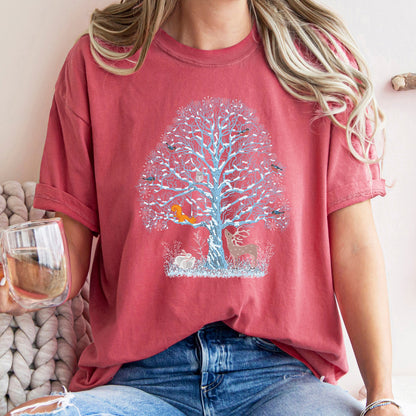 Winter Tree Filled With Animals, Christmas, Deer, Owl, Comfort Colors Tshirt