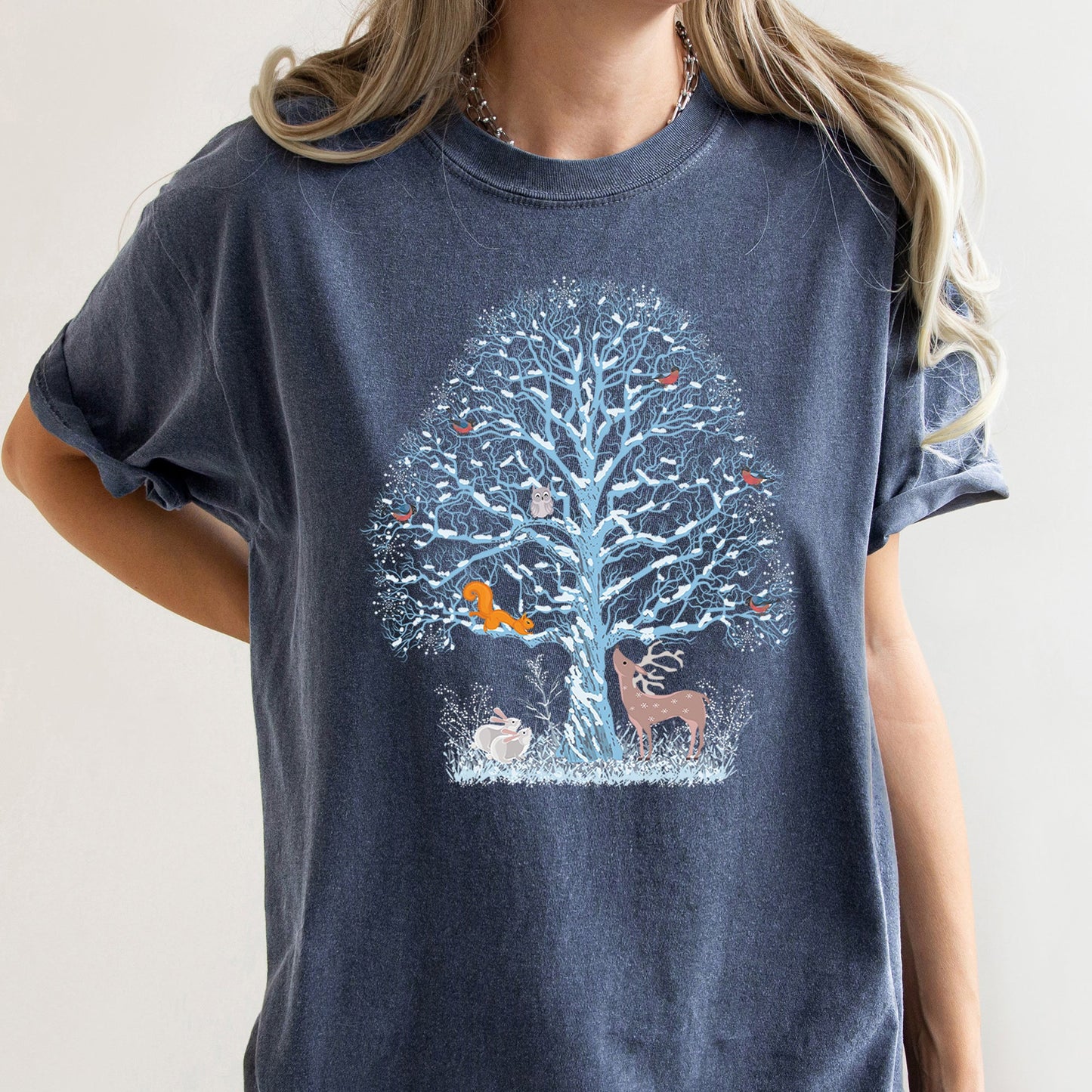 Winter Tree Filled With Animals, Christmas, Deer, Owl, Comfort Colors Tshirt