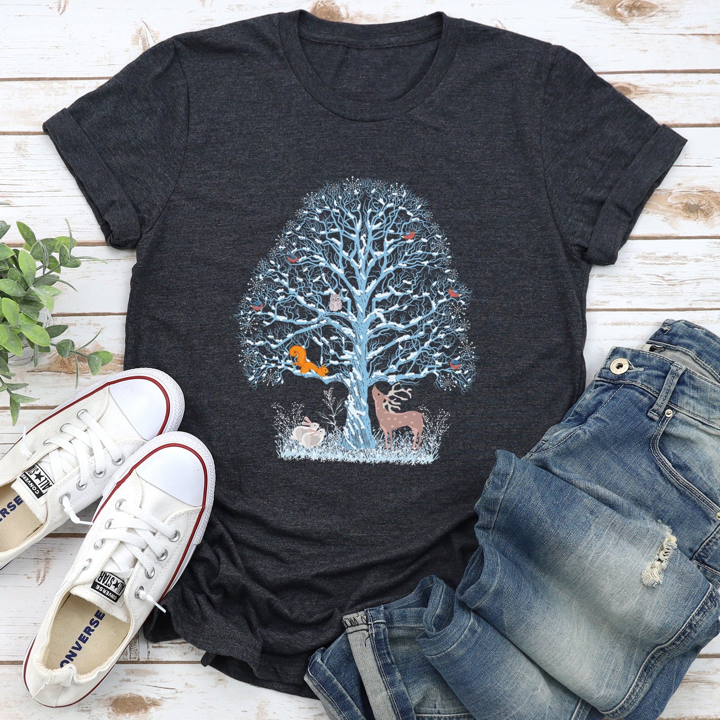 Winter Tree Filled With Animals, Christmas, Deer, Owl Super Soft Tshirt