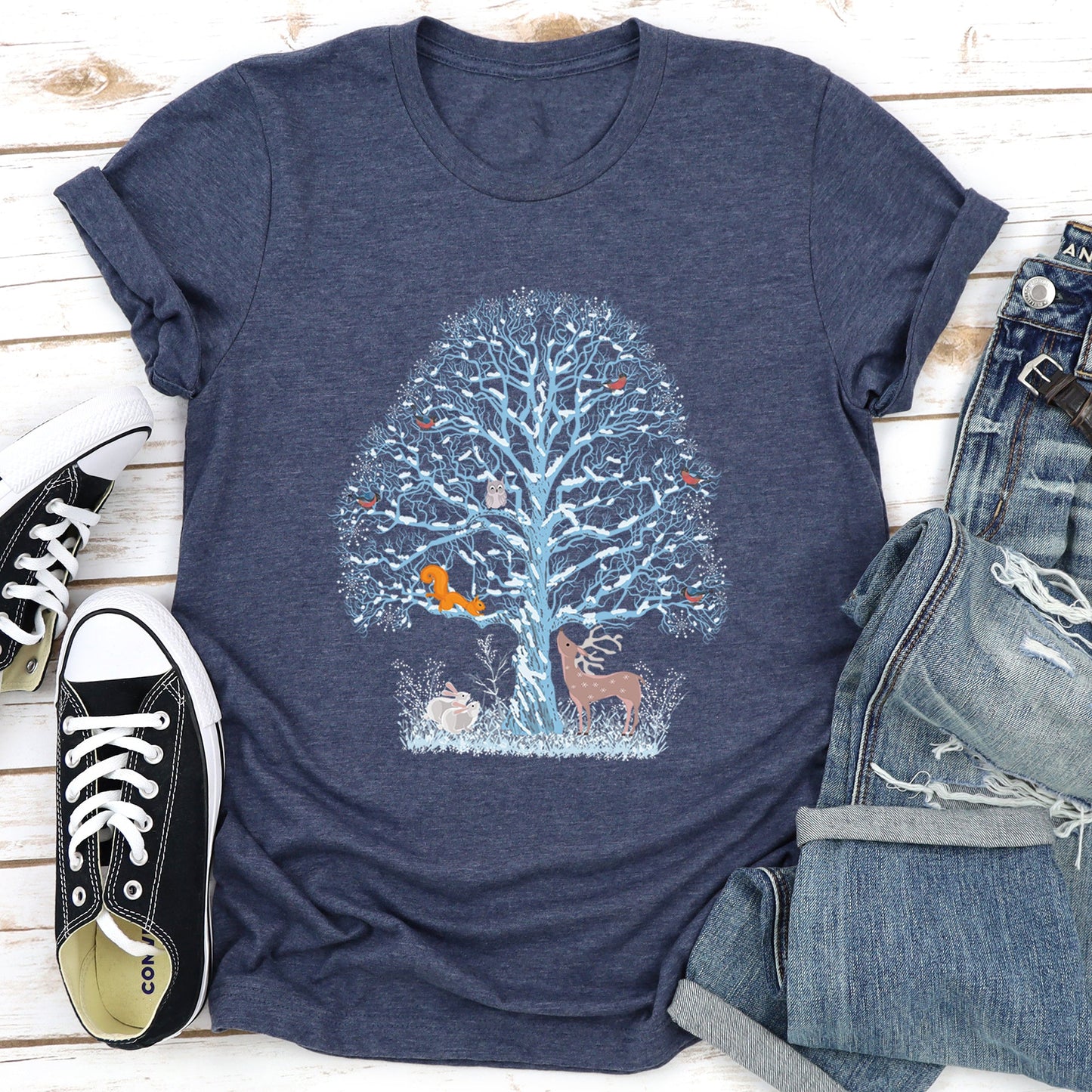 Winter Tree Filled With Animals, Christmas, Deer, Owl Super Soft Tshirt