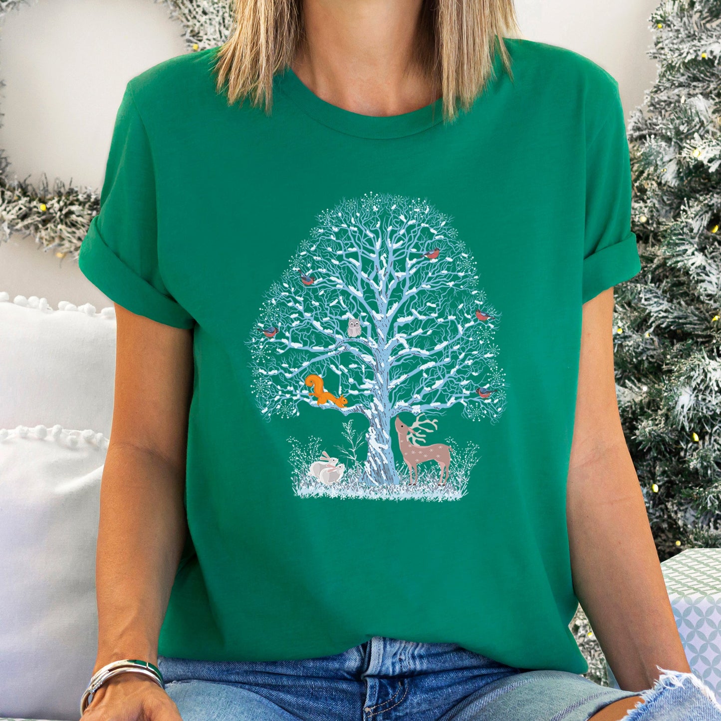 Winter Tree Filled With Animals, Christmas, Deer, Owl Super Soft Tshirt