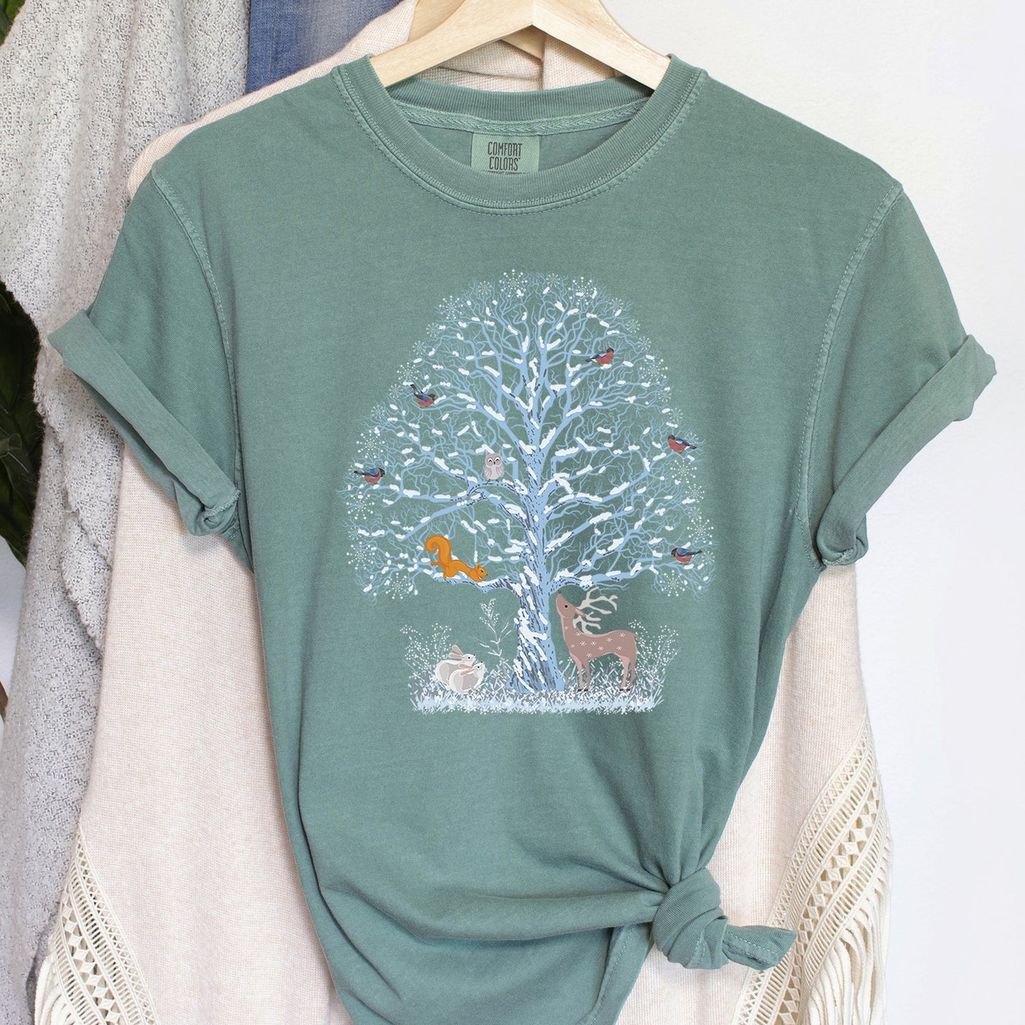 Winter Tree Filled With Animals, Christmas, Deer, Owl, Comfort Colors Tshirt