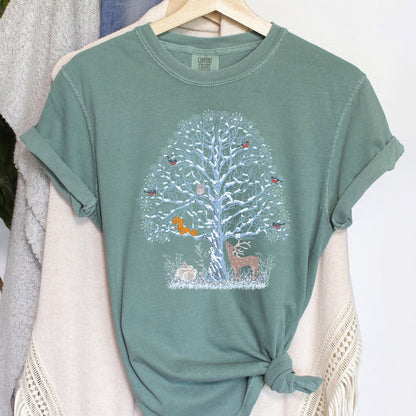 Winter Tree Filled With Animals, Christmas, Deer, Owl, Comfort Colors Tshirt
