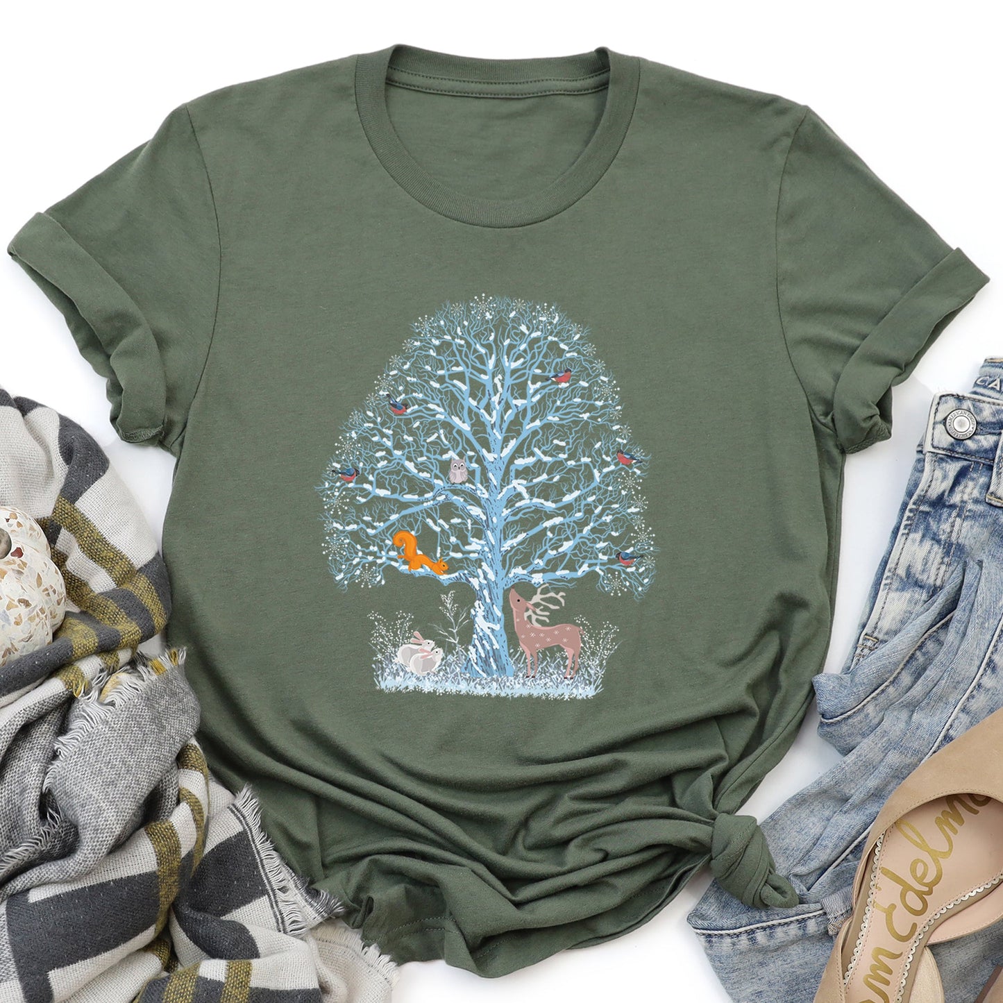 Winter Tree Filled With Animals, Christmas, Deer, Owl Super Soft Tshirt
