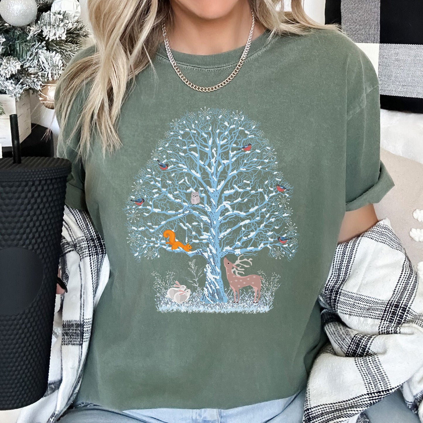 Winter Tree Filled With Animals, Christmas, Deer, Owl, Comfort Colors Tshirt