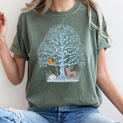 Winter Tree Filled With Animals, Christmas, Deer, Owl, Comfort Colors Tshirt