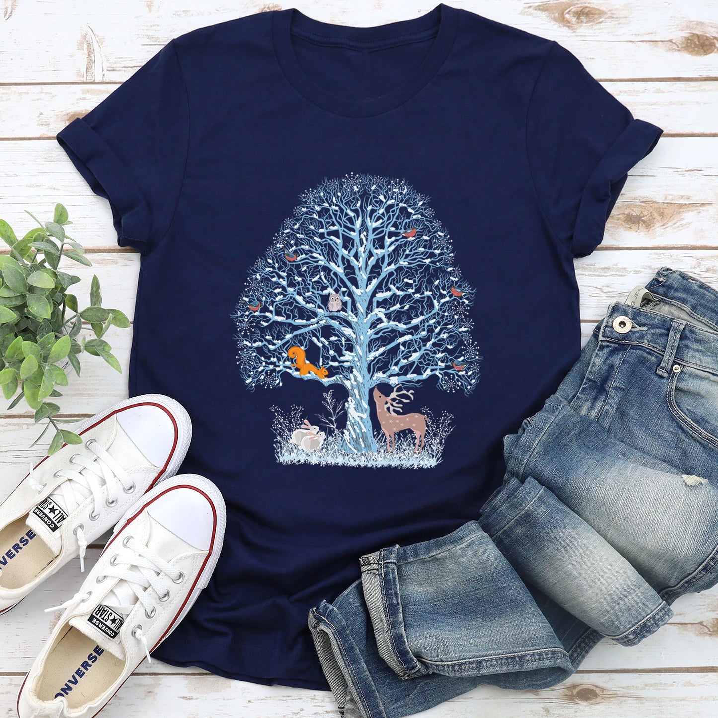 Winter Tree Filled With Animals, Christmas, Deer, Owl Super Soft Tshirt