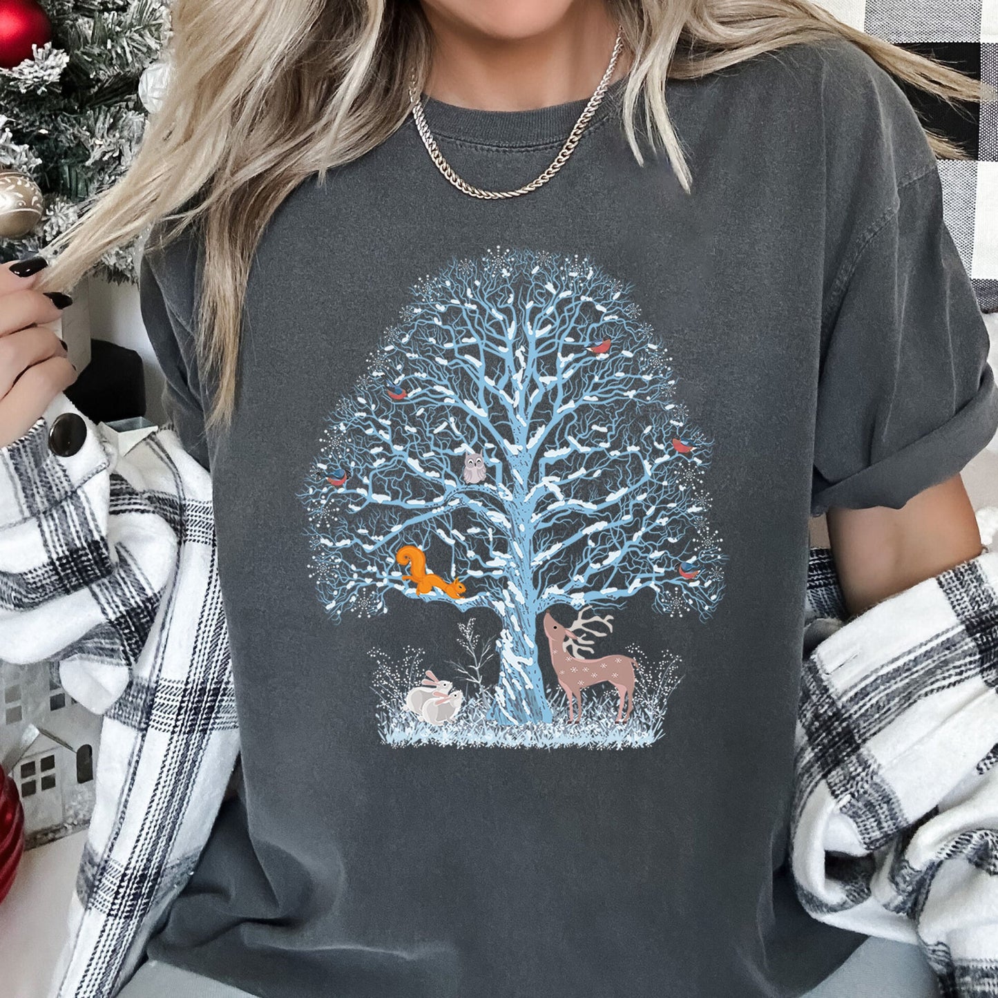 Winter Tree Filled With Animals, Christmas, Deer, Owl, Comfort Colors Tshirt
