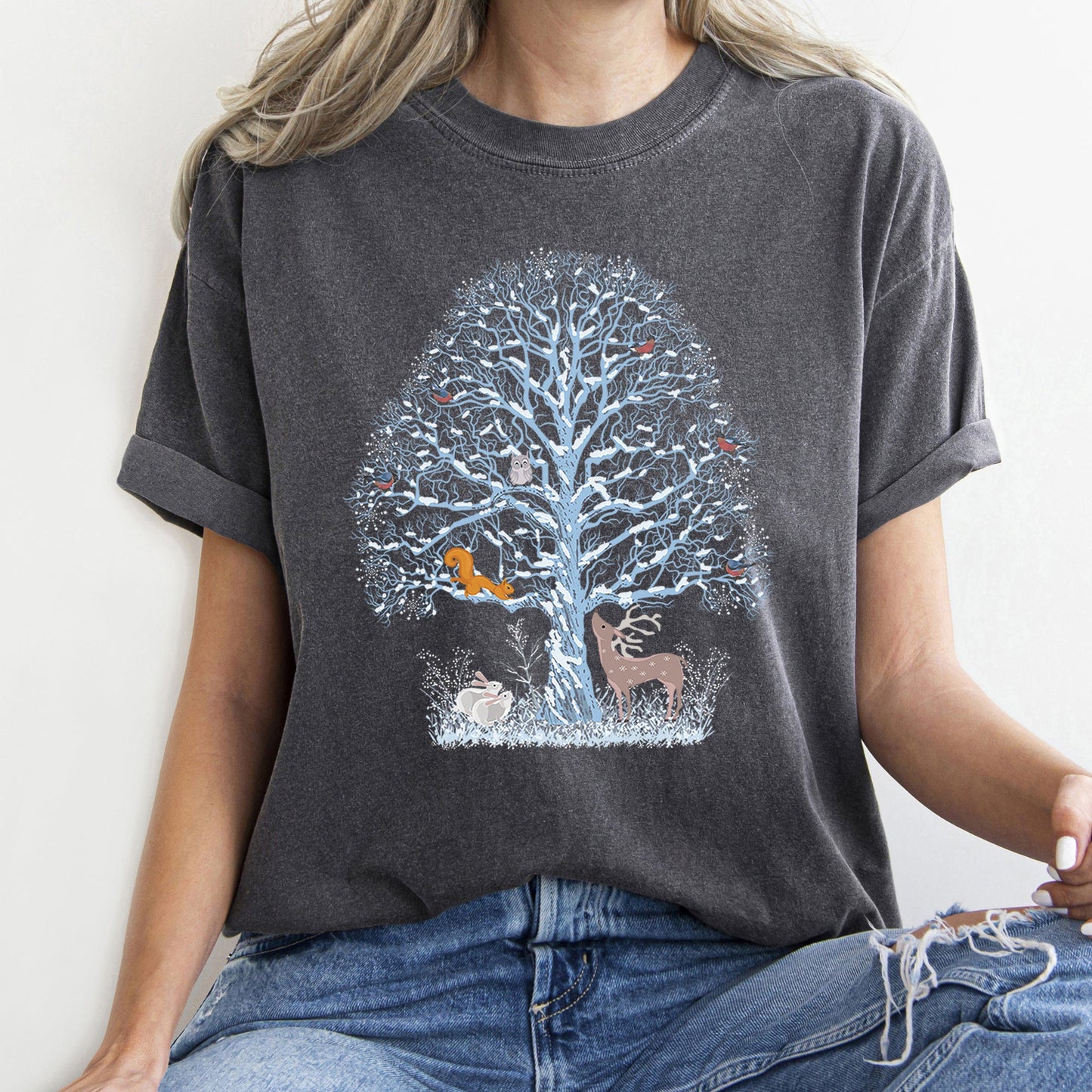 Winter Tree Filled With Animals, Christmas, Deer, Owl, Comfort Colors Tshirt