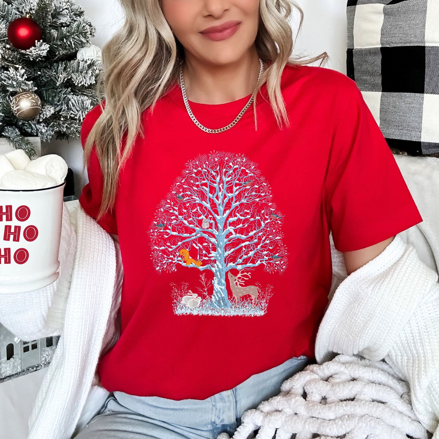 Winter Tree Filled With Animals, Christmas, Deer, Owl Super Soft Tshirt