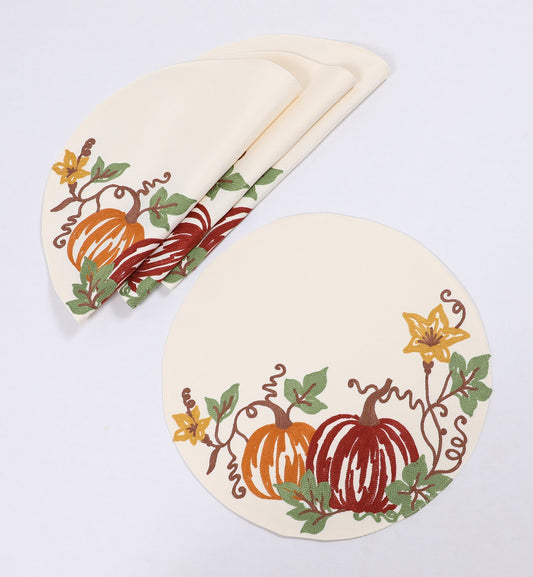 XD19809-Happy Fall Pumpkins Crewel Embroidered Placemats 16-Inch