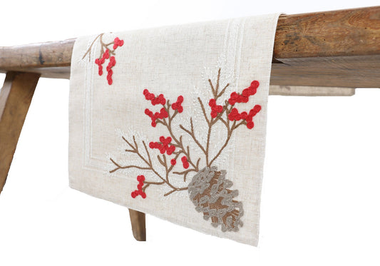 XD19811-Christmas Pine Cone Crewel Embroidered Table Runner