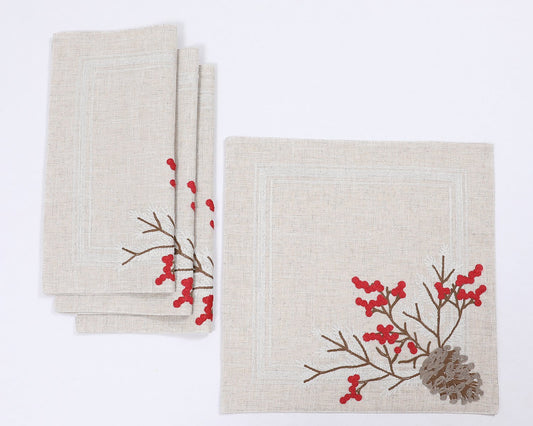 XD19811-Christmas Pine Cone Crewel Embroidered Placemats 16 by 16-Inch