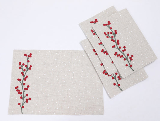 XD19816-Holly Berry Branch Crewel Embroidered Christmas Placemats 14