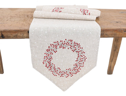 XD19821-Holly Berry Wreath Embroidered Christmas Table Runner