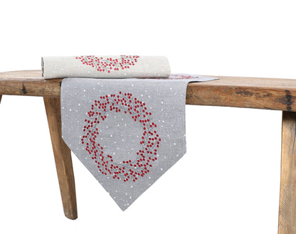 XD19821-Holly Berry Wreath Embroidered Christmas Table Runner