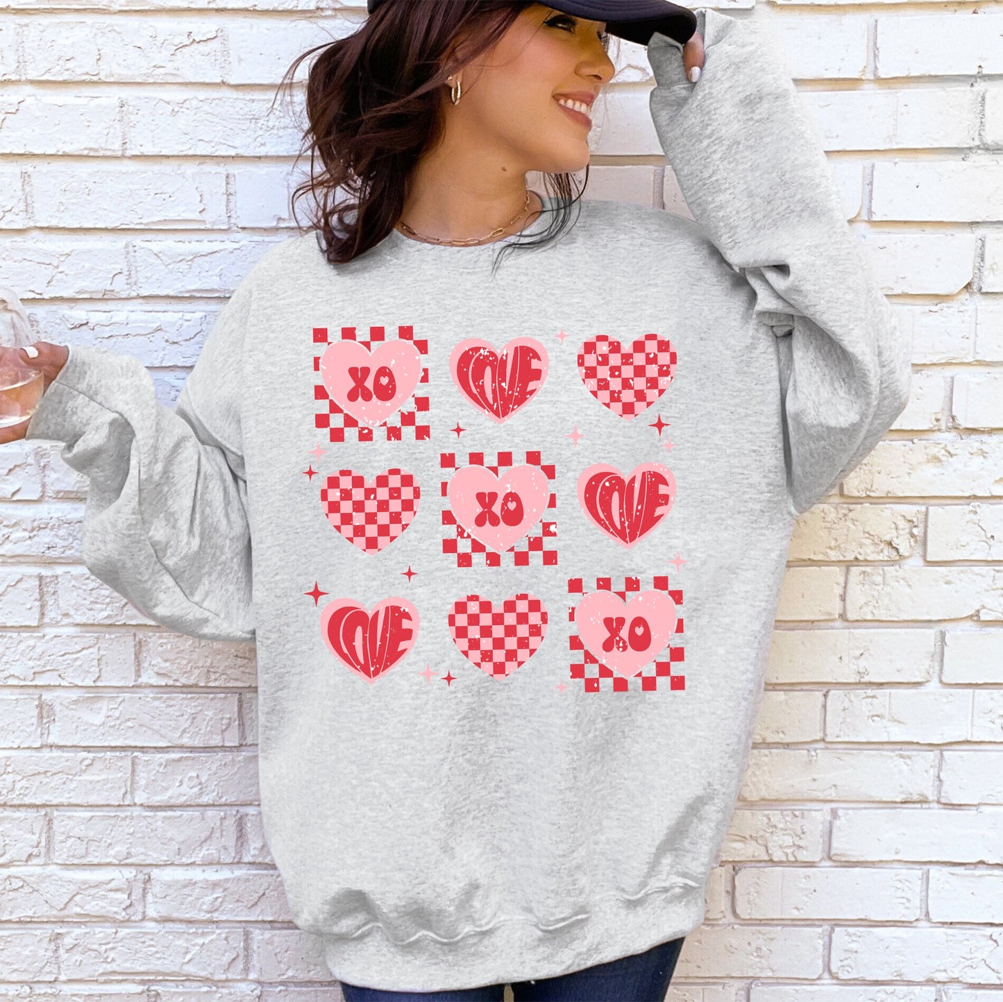 XOXO, Valentine's Day, Checkered, Retro, Love, Hearts Sweatshirt