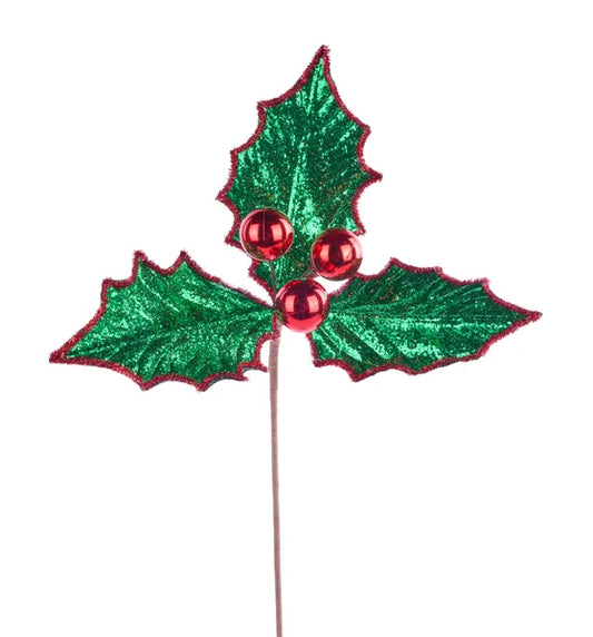 12.5"DIA GLITTER HOLLY LEAF STEM, 23" GREEN/RED