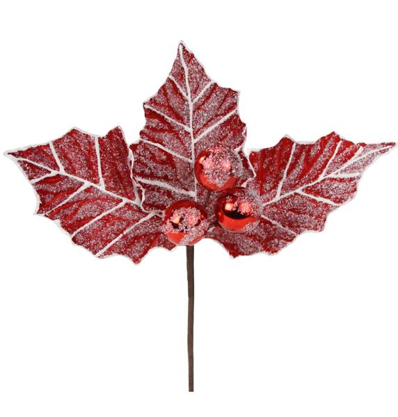 13"DIA HOLLY LEAF CLUSTER ON 20"L STEM RED/WHITE