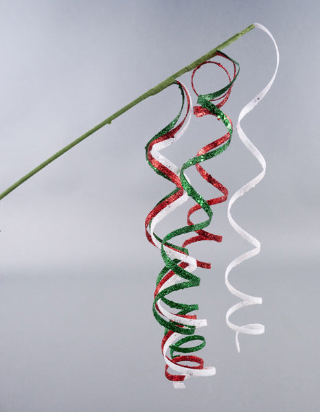 31"L CURLY GLITTER RIBBON SPRAY RED/EMERALD GREEN/WHITE