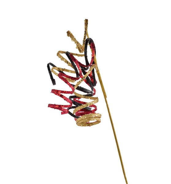 31"L CURLY GLITTER RIBBON SPRAY GOLD/RED/BLACK