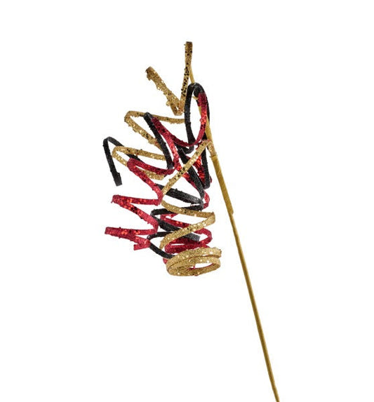 31"L CURLY GLITTER RIBBON SPRAY GOLD/RED/BLACK