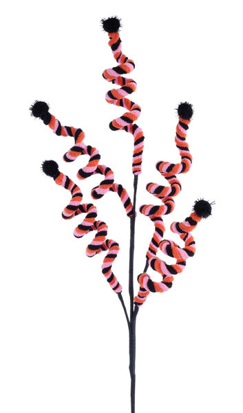 29"L VELVET ROPE/POMPOM CURLY TWIG SPRAY BLACK/ORANGE/PINK