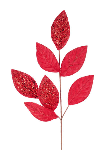 27"L METALLIC/GLITTER LEAF SPRAY RED