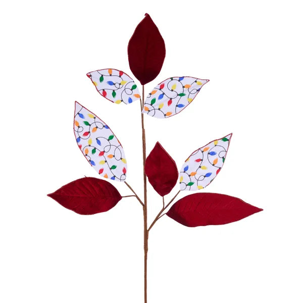 27"L GLITTER/VELVET MAGNOLIA LEAF SPRAY WHT/RED/YLW/BLUE/GRN