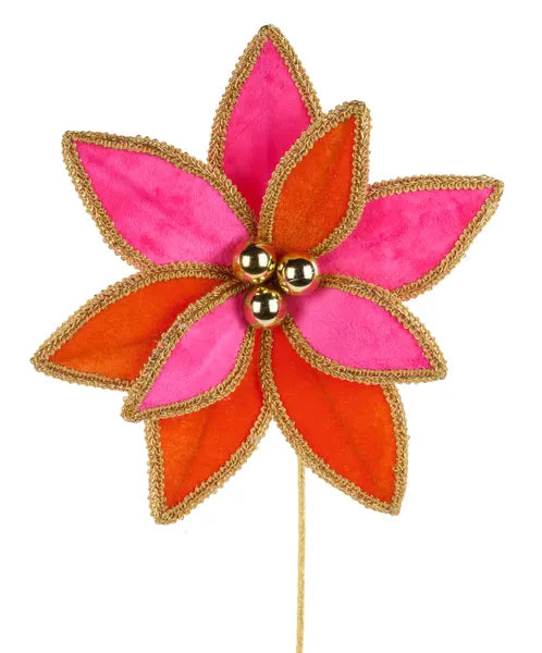 14"L VELVET POINSETTIA PICK W/LACE EDGE HOT PINK/ORANGE/GOLD