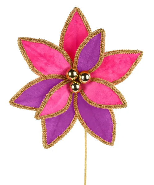 14"L VELVET POINSETTIA PICK W/LACE EDGE LAVENDER/HOT PINK/GOLD