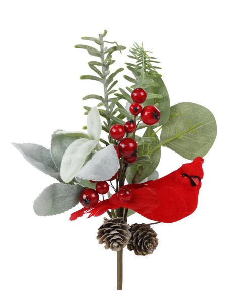 10"L BERRY/EUCALYPTUS/PINECONE BIRD PICK GREEN/RED/BROWN