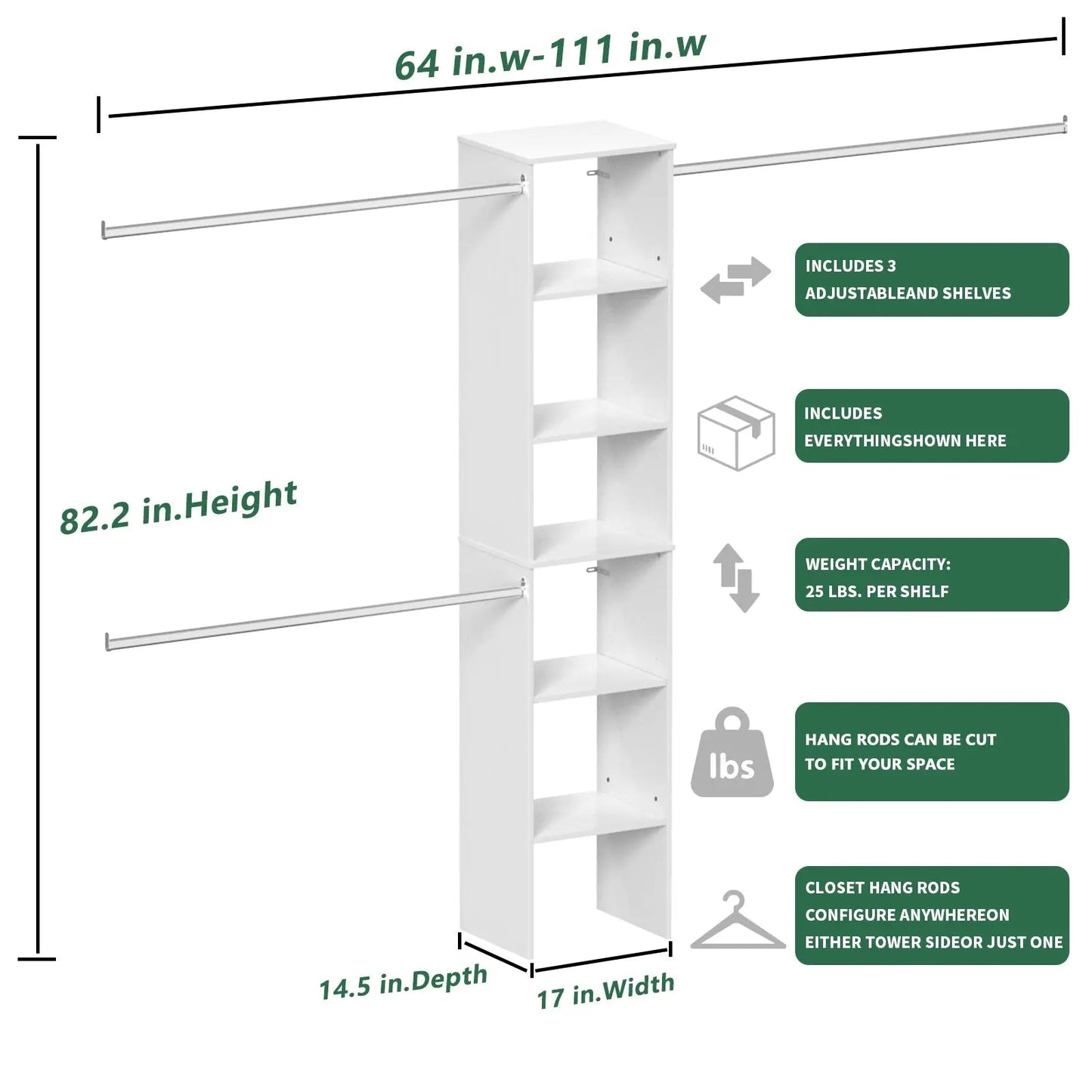 Closet System Starter Kit with Tower and 3 Hang Rods