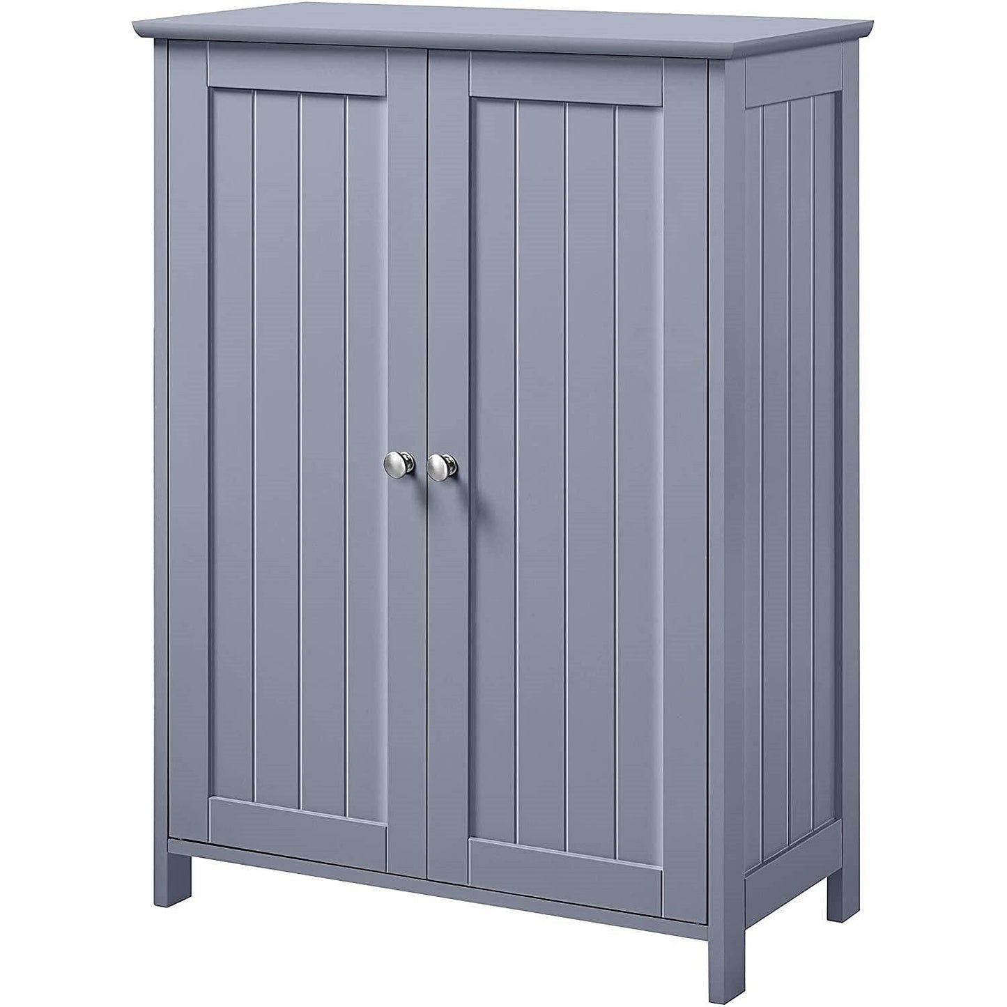 A gray wood freestanding bathroom floor cabinet with two doors and stainless steel knobs.