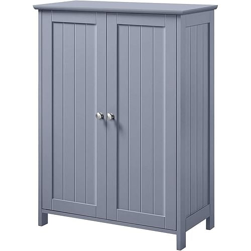 A gray wood freestanding bathroom floor cabinet with two doors and stainless steel knobs.