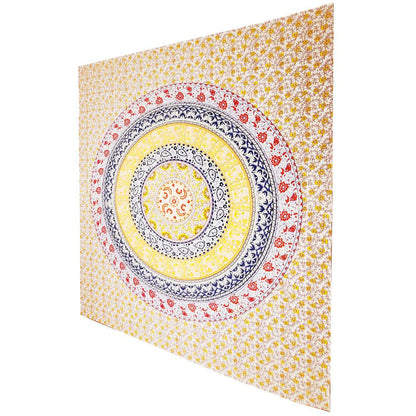 Decorative wall tapestry with concentric circle pattern on a white background