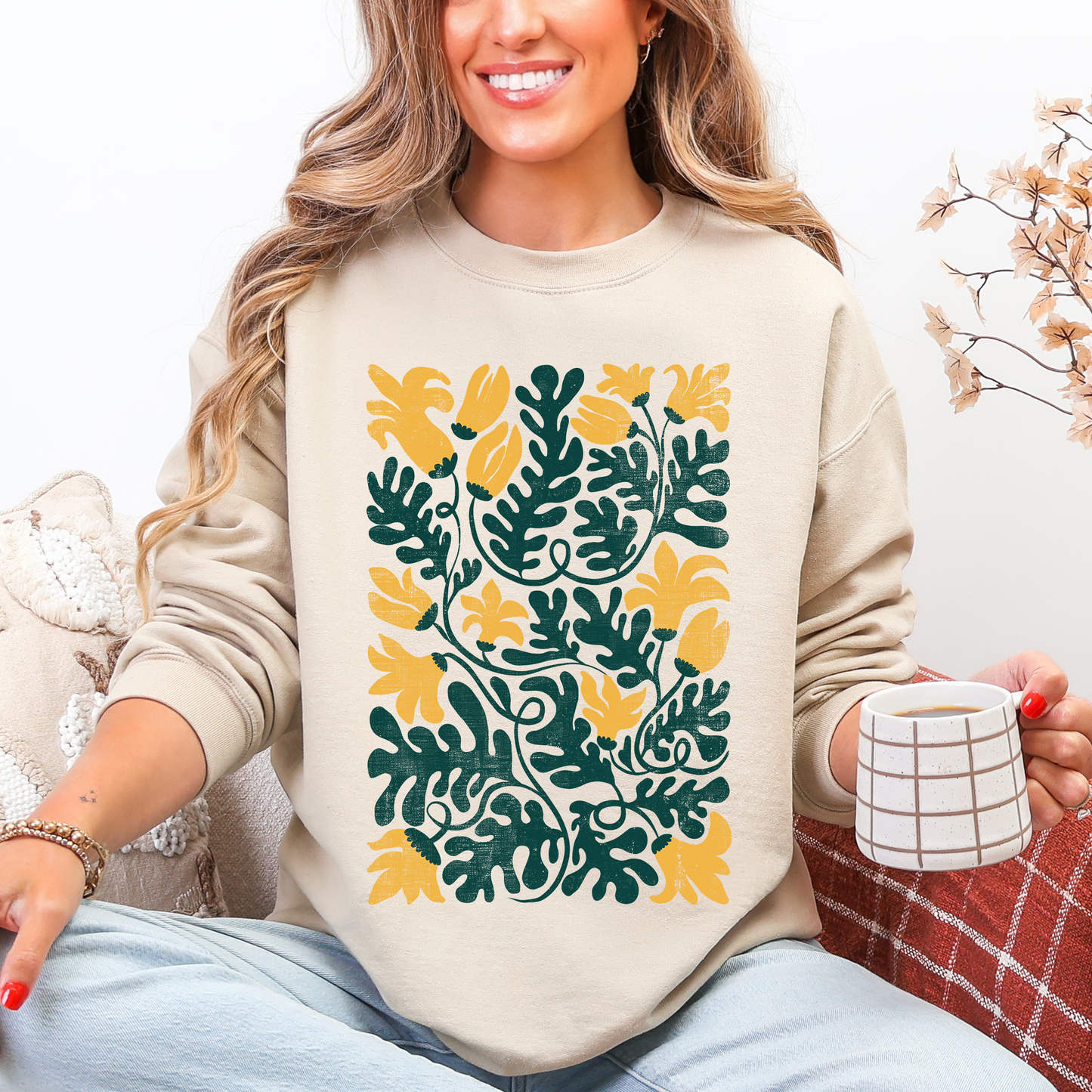 Yellow Floral Leaf Botanical, Vintage Boho, Nature Sweatshirt